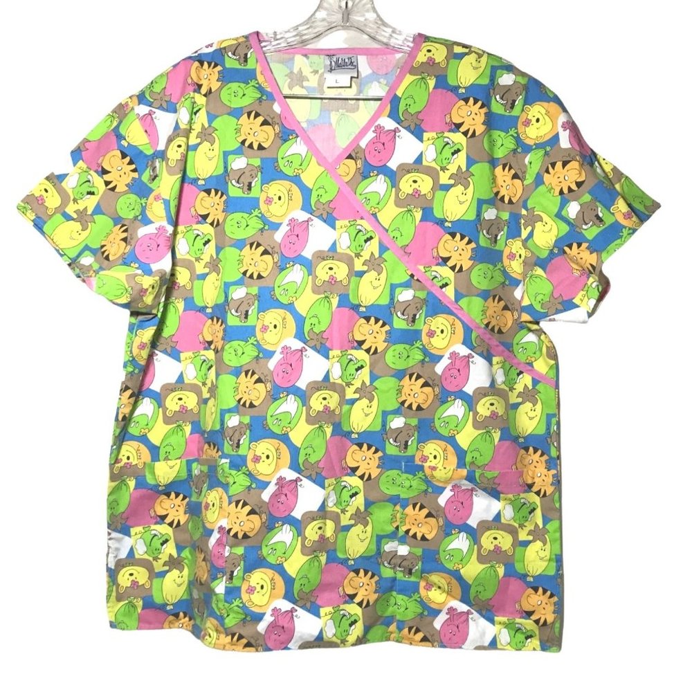 Lot of 2 Colorful Malibu Doc Scrub Tops Womens Size L Pink Multicolored - Picture 2 of 5